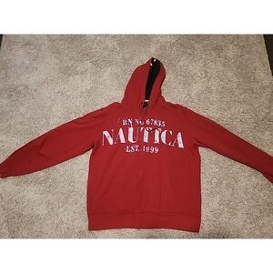 Y2K Nautica Jacket Mens Large Red Nautical Sailing Full Zip Fleece Thick Hoodie